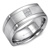 A soft square white gold wedding band with a brushed center and four diamonds.