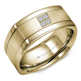 A soft square yellow gold wedding band with a brushed center and four diamonds.