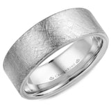 A white gold wedding band with a diamond brushed finish. 
