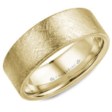 A yellow gold wedding band with a diamond brushed finish. 