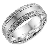 A white gold wedding band with a brushed center and milgrain detailing.