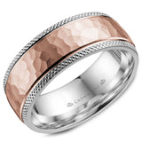 A white gold wedding band with a hammered rose gold center and textured edges.