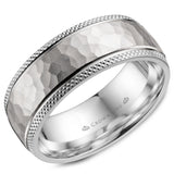 A white gold wedding band with a hammered center and textured edges.