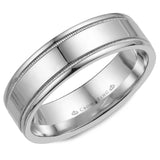 A white gold wedding band with a polished finish and milgrain detailing.