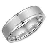 A white gold wedding band with a sandblast center and polished edges. 