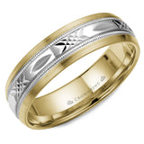 A yellow gold wedding band with a patterned white gold center.