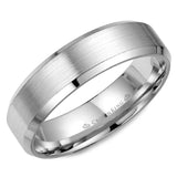 A white gold wedding band with a brushed center and beveled edges. 