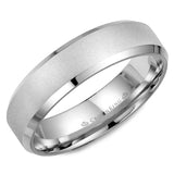 A white gold wedding band with a sandblast  center and beveled edges. 