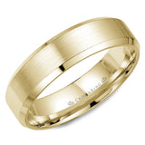 A yellow gold wedding band with a brushed  center and beveled edges. 