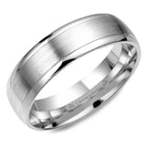 A white gold wedding band with a brushed center. 