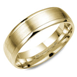 A yellow gold wedding band with a brushed center. 