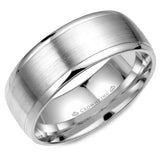 A white gold wedding band with a brushed center. 
