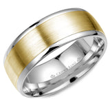 A white gold wedding band with a brushed yellow gold center. 