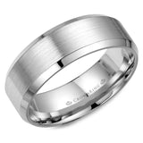 A white gold wedding band with a brushed center and beveled edges. 