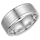A white gold wedding band with a brushed center.