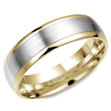 A wedding band in yellow gold with a brushed white gold center.