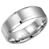 A white gold wedding band with a brushed center and beveled edges. 