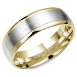 A yellow gold wedding band with a brushed white gold center. 
