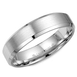 A white gold wedding band with a brushed center and beveled edges. 