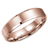 A rose gold wedding band with a brushed center and beveled edges. 