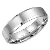 A white gold wedding band with a brushed center and beveled edges. 