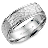 A soft square wedding band with a hammered center.