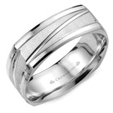 A soft square white gold wedding band with a sandblast center and line detailing.