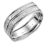 A soft square wedding band with a hammered center and line detailing.