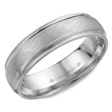A white gold wedding band with a diamond brushed center and milgrain detailing.  