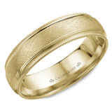 A yellow gold wedding band with a diamond brushed center and milgrain detailing.  