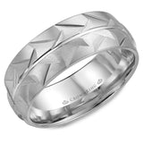 A patterned wedding band in white gold with a polished line in the center.