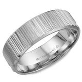 A white gold wedding band with a bark finish.