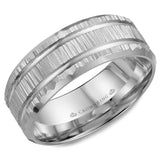 A white gold wedding band with a bark finish and line detailing.