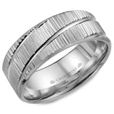 A white gold wedding band with a bark finish and diagonal line detailing.