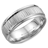 A white gold wedding band with a bark center.
