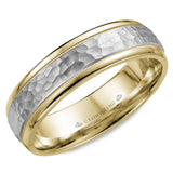 A yellow gold wedding band with milgrain detailing and a textured white gold center.