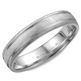 A white gold wedding band with a diamond brushed center and line detailing.  