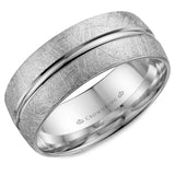 A white gold wedding band with a diamond brushed center and line detailing.  