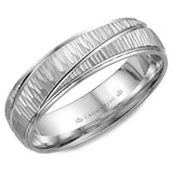 A white gold wedding band with a bark center and diagonal line detailing.