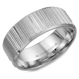 A white gold wedding band with a bark finish.