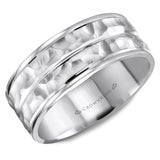 A white gold wedding band with a hammered center.