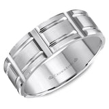 A brushed white gold wedding band with line detailing. 