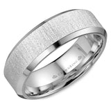 A wedding band with beveled edges and a textured sandblast center.