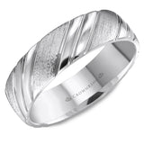 A textured white gold wedding band with line detailing. 