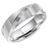 A brushed white gold wedding band with diagonal line detailing.