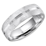 A wedding band in white gold with a diamond brushed finish and a polished center. 