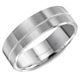 A brushed white gold wedding band with a milgrain line.