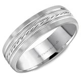 A white gold wedding band with a milgrain patterned center.