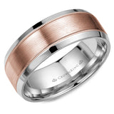 A wedding band in white gold with a brushed rose gold center and delicate milgrain detailing.