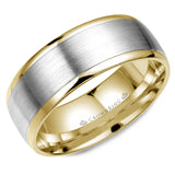 A yellow gold wedding band with a white gold brushed center.  